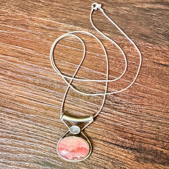 Sterling Silver Sajen Rhodochrosite Moonstone Slide Pendant Snake Chain Necklace - Picture 6 of 16